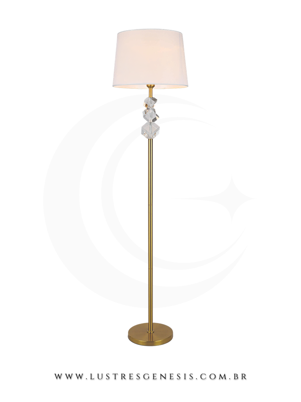 Abajur de chão coluna de metal bronze com detalhes em cristal e cúpula branca, modelo Vest, ideal para sala de estar e quartos